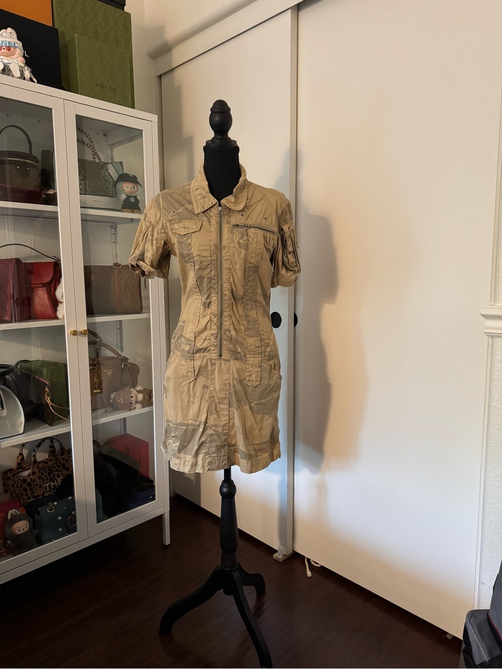 Beige Utility camo Zip Front Mini dress